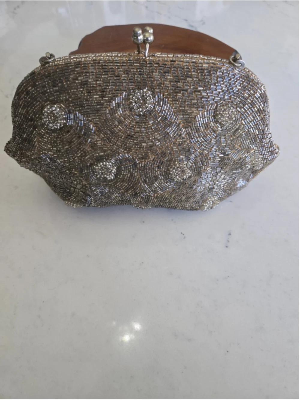 Vintage 1960s Silver Hand-Beaded Evening Clutch Kiss Lock Purse Made in Korea